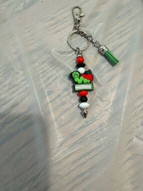 Cute Worm & Apple Beaded Keychain with Green Tassel